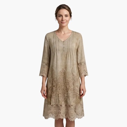 Effortless Embroidered Lace Midi Dress for Women with V Neck Elbow Sleeve Button Front Boho Style