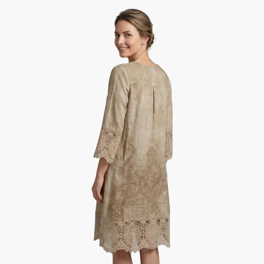 Effortless Embroidered Lace Midi Dress for Women with V Neck Elbow Sleeve Button Front Boho Style