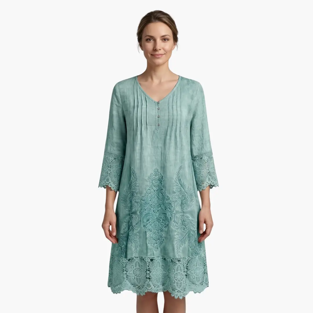 Effortless Embroidered Lace Midi Dress for Women with V Neck Elbow Sleeve Button Front Boho Style