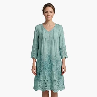 Effortless Embroidered Lace Midi Dress for Women with V Neck Elbow Sleeve Button Front Boho Style