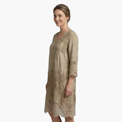 Effortless Embroidered Lace Midi Dress for Women with V Neck Elbow Sleeve Button Front Boho Style