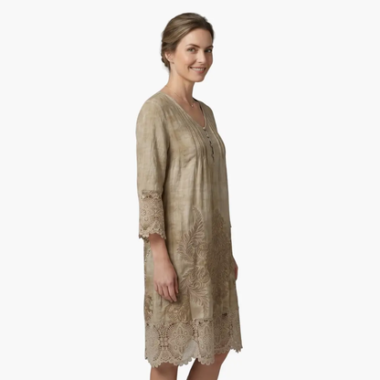 Effortless Embroidered Lace Midi Dress for Women with V Neck Elbow Sleeve Button Front Boho Style