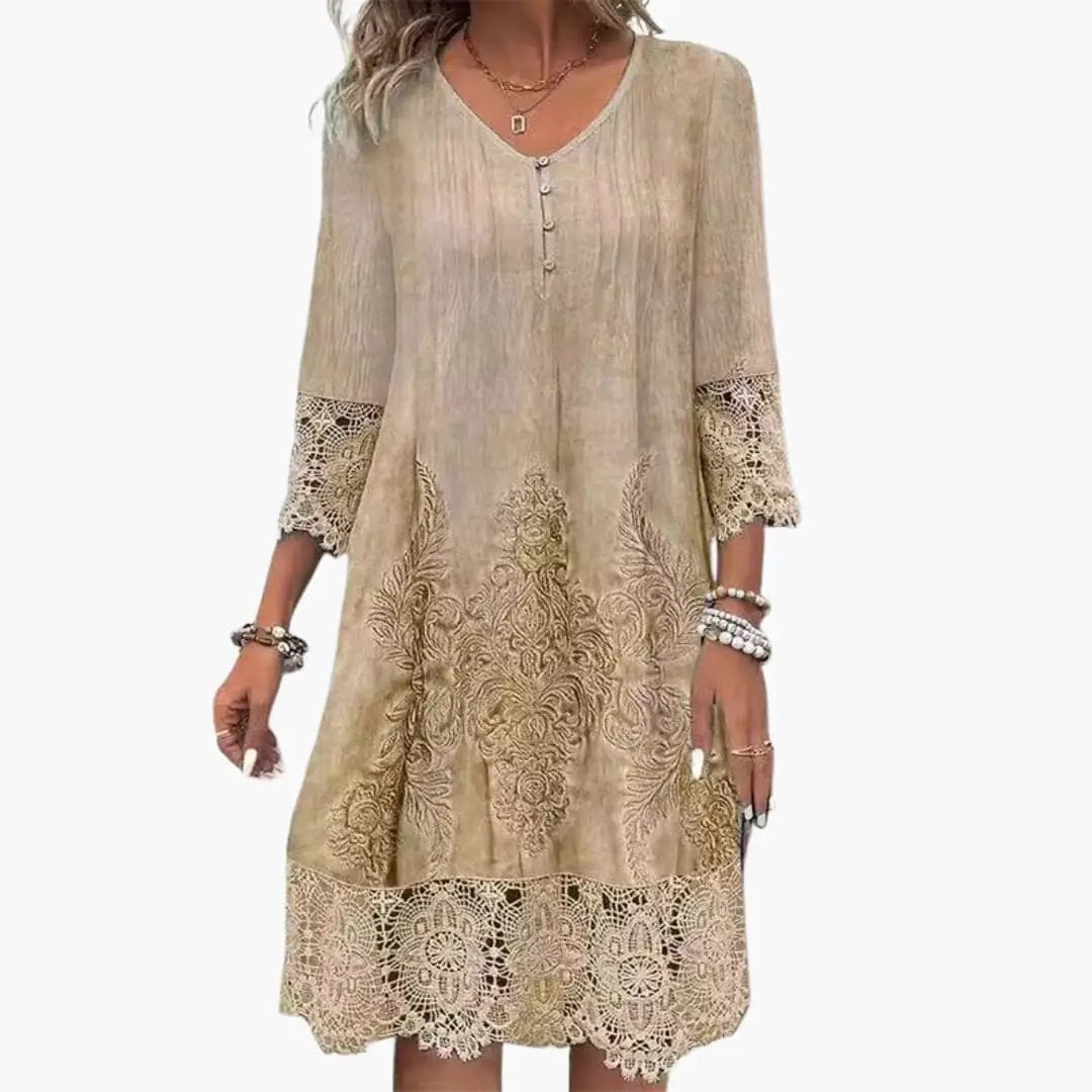 Effortless Embroidered Lace Midi Dress for Women with V Neck Elbow Sleeve Button Front Boho Style