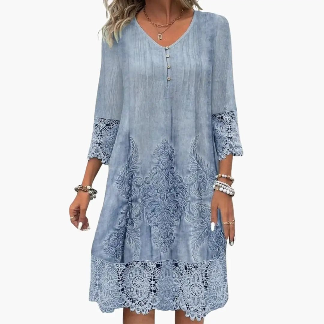 Effortless Embroidered Lace Midi Dress for Women with V Neck Elbow Sleeve Button Front Boho Style