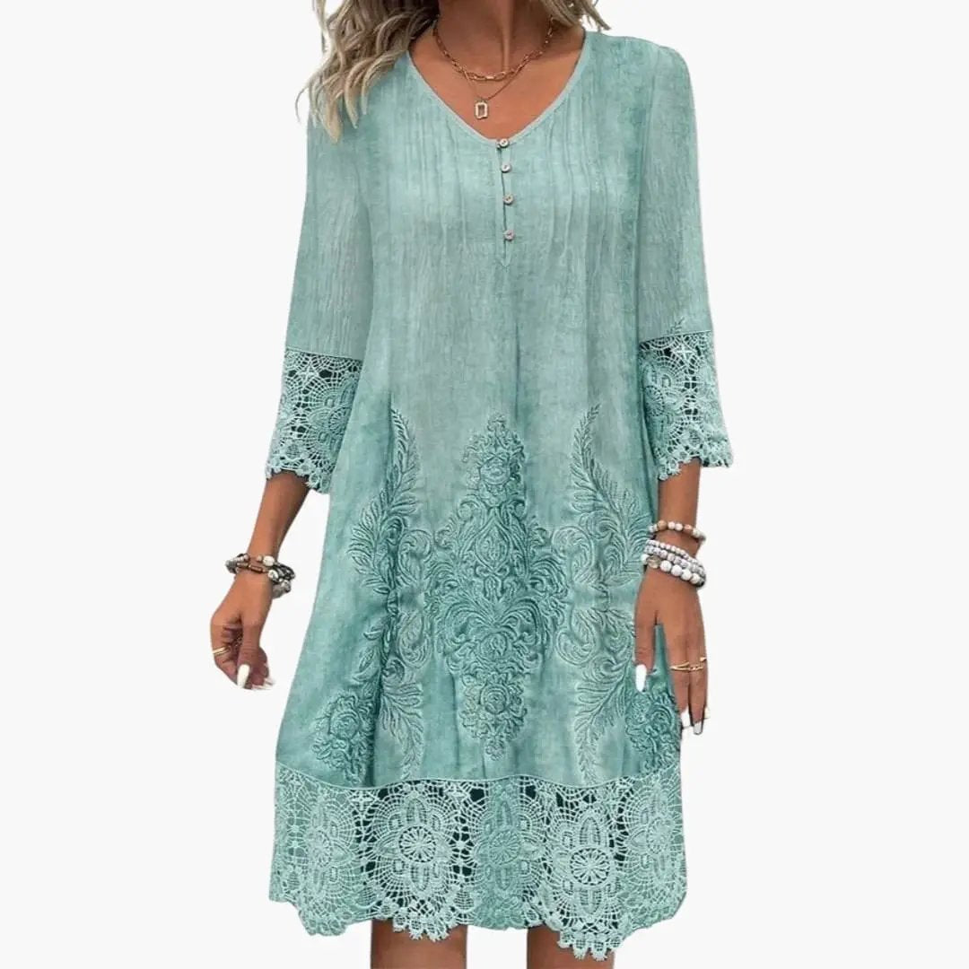 Effortless Embroidered Lace Midi Dress for Women with V Neck Elbow Sleeve Button Front Boho Style
