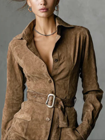 Effortless Suede Shirt Dress for Women in Casual Belted Midi Style