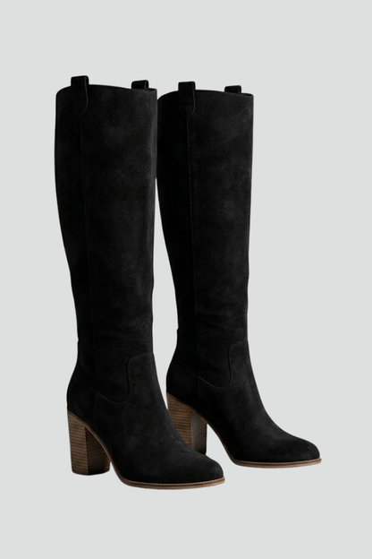 Chic Black Knee High Boots for Women with Pointed Toe Block Heel Suede Tall Fall Style