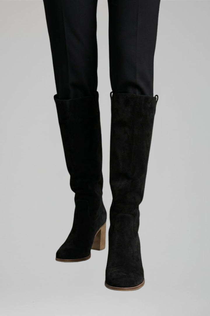 Chic Black Knee High Boots for Women with Pointed Toe Block Heel Suede Tall Fall Style