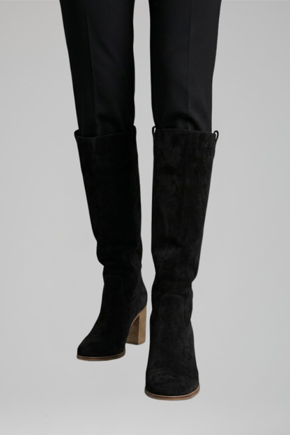 Chic Black Knee High Boots for Women with Pointed Toe Block Heel Suede Tall Fall Style