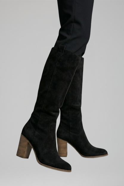 Chic Black Knee High Boots for Women with Pointed Toe Block Heel Suede Tall Fall Style