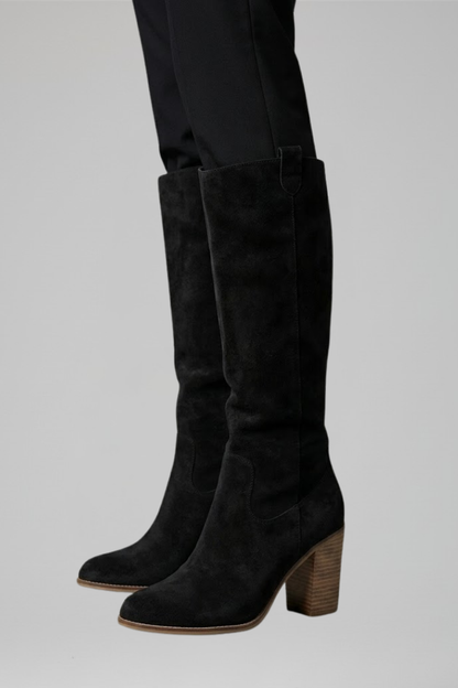 Chic Black Knee High Boots for Women with Pointed Toe Block Heel Suede Tall Fall Style