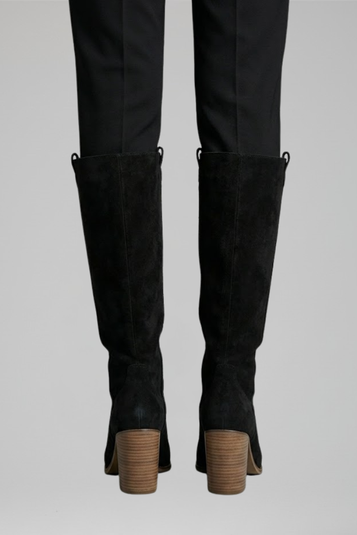 Chic Black Knee High Boots for Women with Pointed Toe Block Heel Suede Tall Fall Style