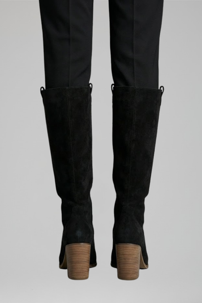 Chic Black Knee High Boots for Women with Pointed Toe Block Heel Suede Tall Fall Style
