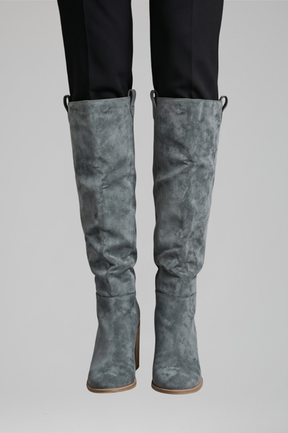 Chic Black Knee High Boots for Women with Pointed Toe Block Heel Suede Tall Fall Style