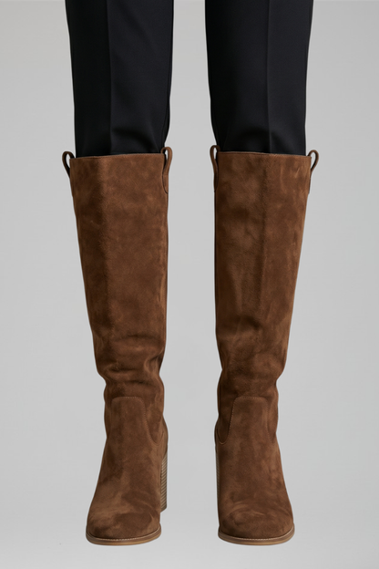 Chic Black Knee High Boots for Women with Pointed Toe Block Heel Suede Tall Fall Style