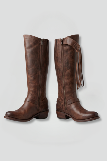 Trendy Brown Knee High Boots for Women with Fringe Side Zip Block Heel Tall Western Fall Style