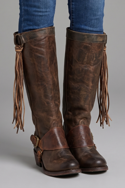 Trendy Brown Knee High Boots for Women with Fringe Side Zip Block Heel Tall Western Fall Style