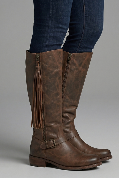 Trendy Brown Knee High Boots for Women with Fringe Side Zip Block Heel Tall Western Fall Style