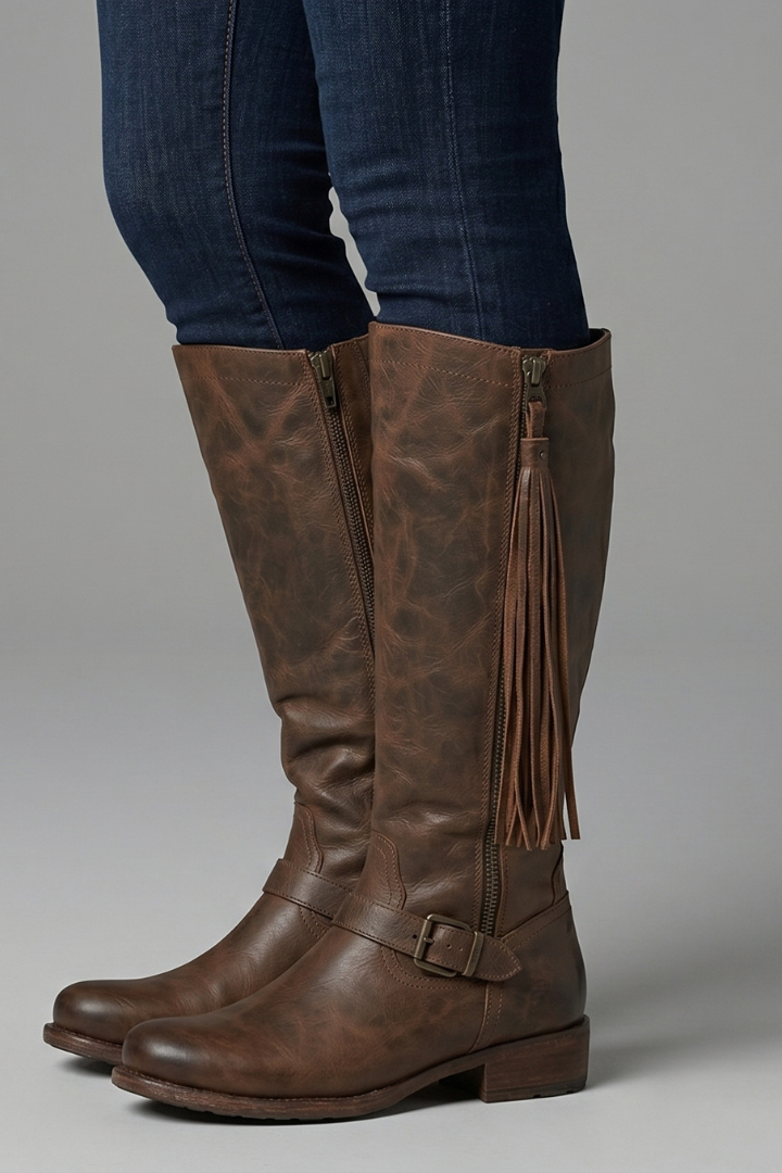 Trendy Brown Knee High Boots for Women with Fringe Side Zip Block Heel Tall Western Fall Style