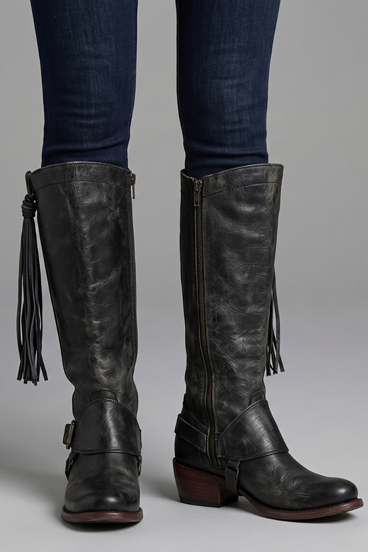 Trendy Brown Knee High Boots for Women with Fringe Side Zip Block Heel Tall Western Fall Style