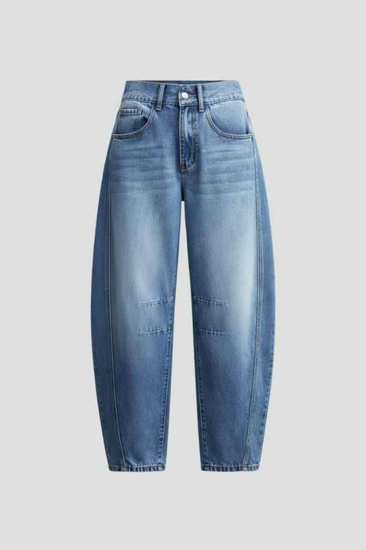 Stylish Blue Jeans for Women with Low Rise Barrel Leg Curved Seam Relaxed Fit Casual Jean Style