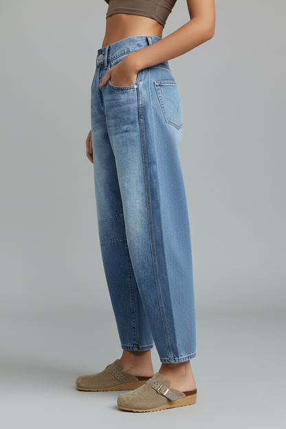 Stylish Blue Jeans for Women with Low Rise Barrel Leg Curved Seam Relaxed Fit Casual Jean Style