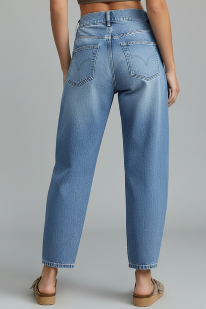 Stylish Blue Jeans for Women with Low Rise Barrel Leg Curved Seam Relaxed Fit Casual Jean Style