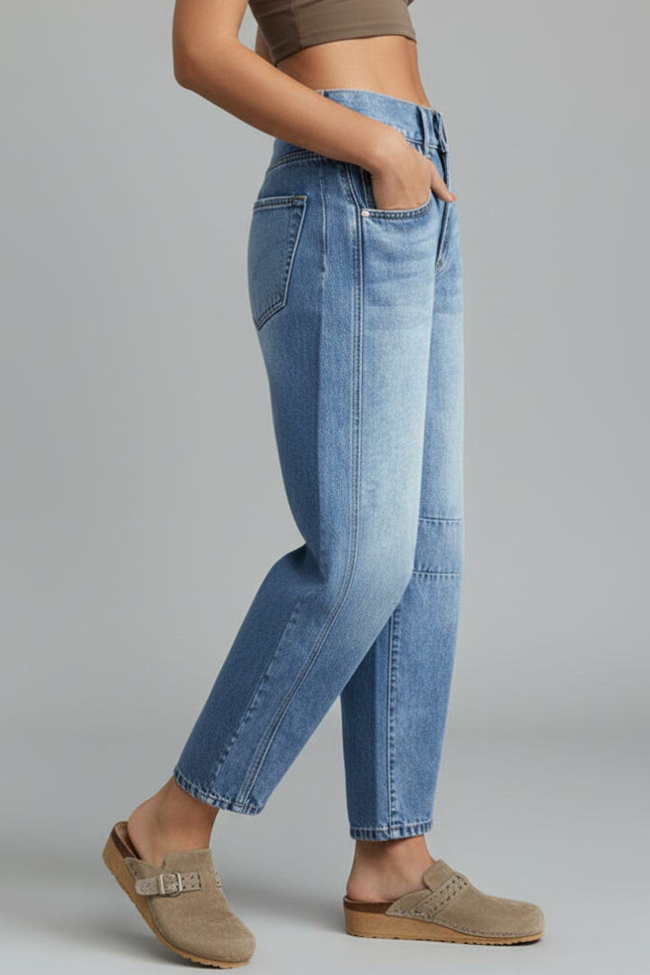 Stylish Blue Jeans for Women with Low Rise Barrel Leg Curved Seam Relaxed Fit Casual Jean Style