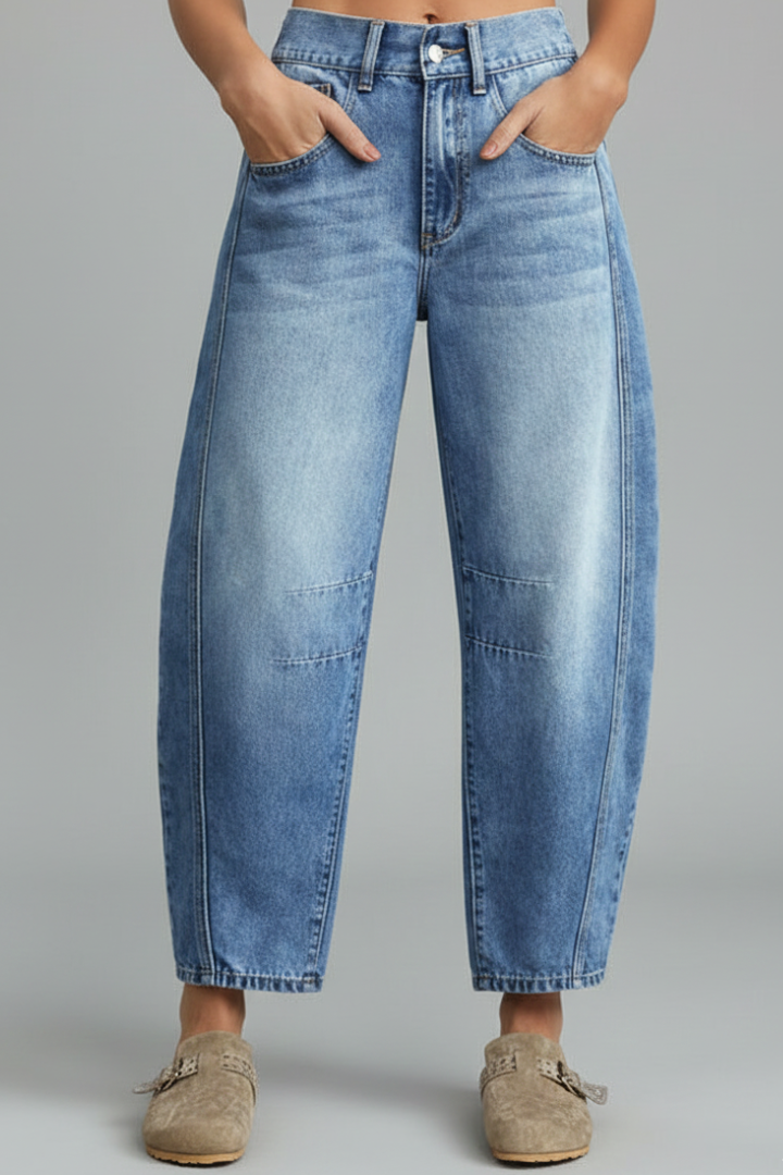 Stylish Blue Jeans for Women with Low Rise Barrel Leg Curved Seam Relaxed Fit Casual Jean Style