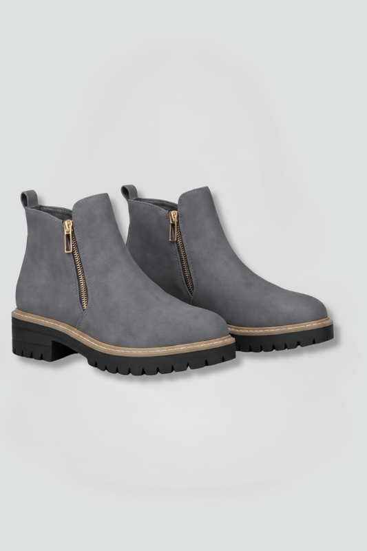 Stylish Grey Ankle Boots for Women with Side Zip Round Toe Lug Sole Suede Fall Style