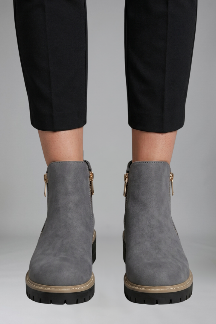 Stylish Grey Ankle Boots for Women with Side Zip Round Toe Lug Sole Suede Fall Style