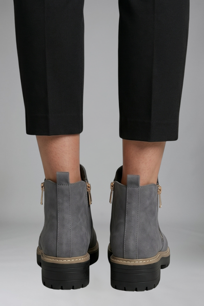 Stylish Grey Ankle Boots for Women with Side Zip Round Toe Lug Sole Suede Fall Style
