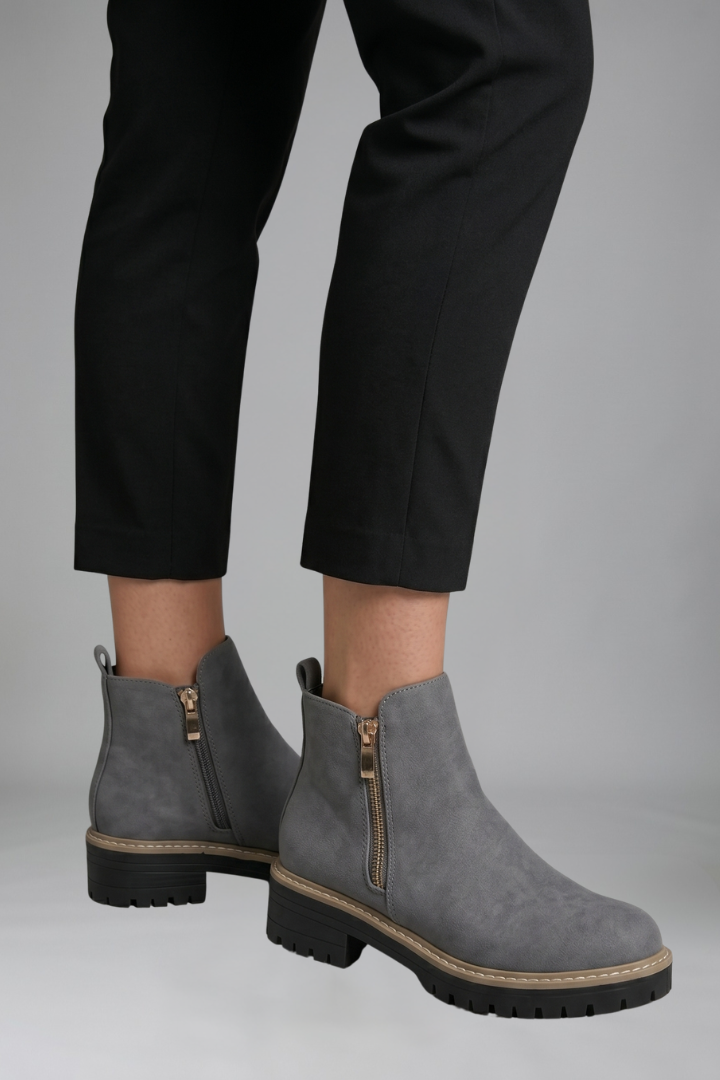 Stylish Grey Ankle Boots for Women with Side Zip Round Toe Lug Sole Suede Fall Style