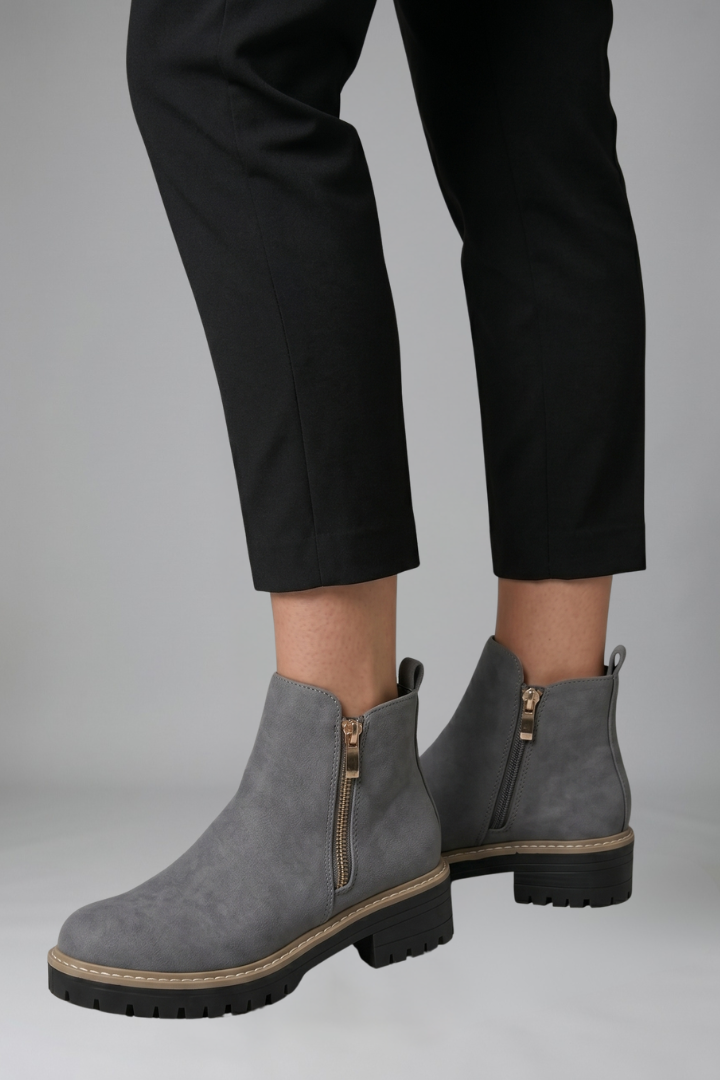 Stylish Grey Ankle Boots for Women with Side Zip Round Toe Lug Sole Suede Fall Style