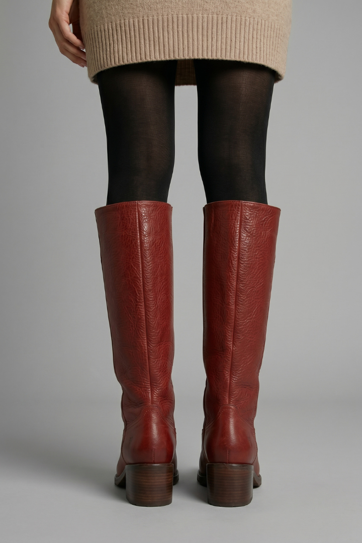 Bold Red Knee High Boots for Women with Round Toe Block Heel Leather Tall Fall Style