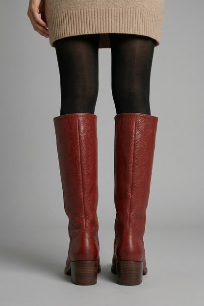Bold Red Knee High Boots for Women with Round Toe Block Heel Leather Tall Fall Style