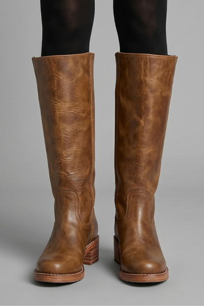 Bold Red Knee High Boots for Women with Round Toe Block Heel Leather Tall Fall Style