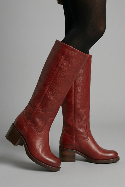 Bold Red Knee High Boots for Women with Round Toe Block Heel Leather Tall Fall Style