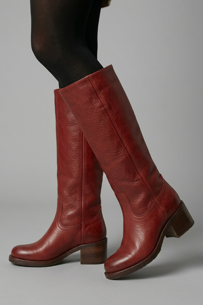 Bold Red Knee High Boots for Women with Round Toe Block Heel Leather Tall Fall Style
