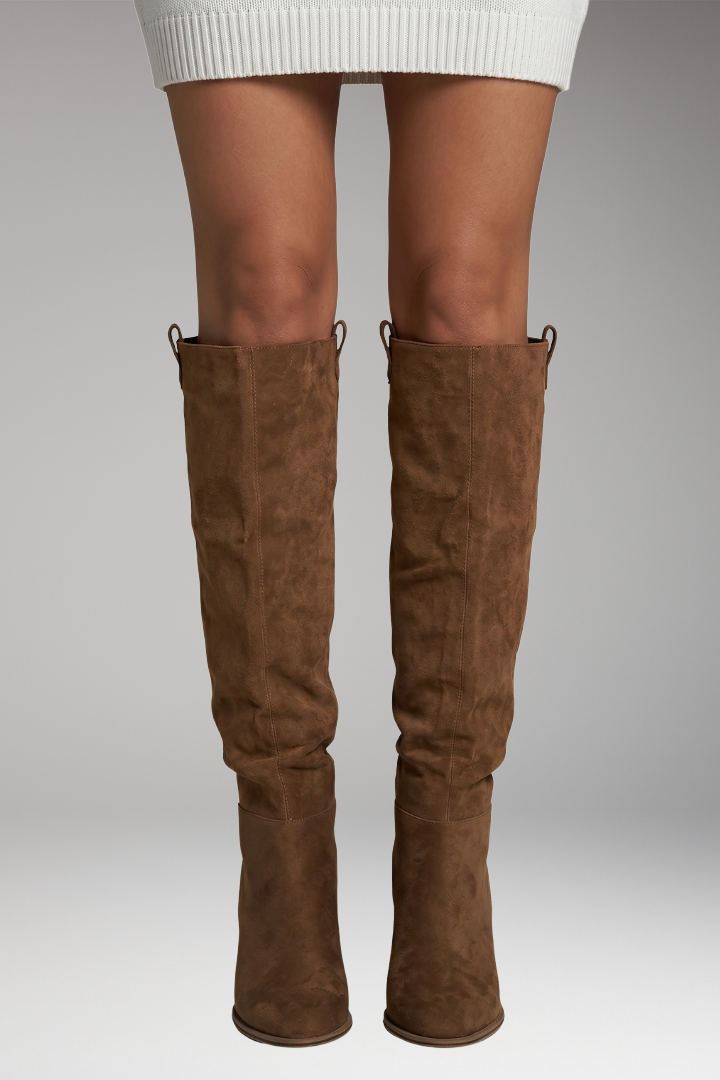 Stylish Knee High Boots for Women with Round Toe Suede Shaft Flat Tall Riding Style