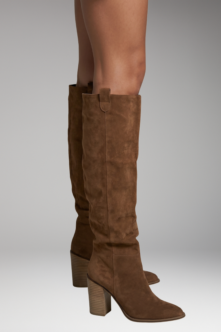 Stylish Knee High Boots for Women with Round Toe Suede Shaft Flat Tall Riding Style