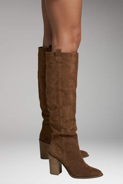 Stylish Knee High Boots for Women with Round Toe Suede Shaft Flat Tall Riding Style