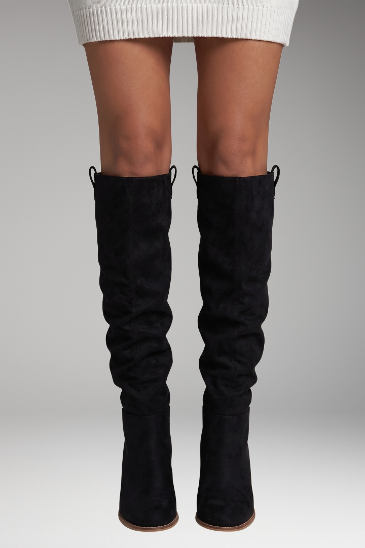 Stylish Knee High Boots for Women with Round Toe Suede Shaft Flat Tall Riding Style