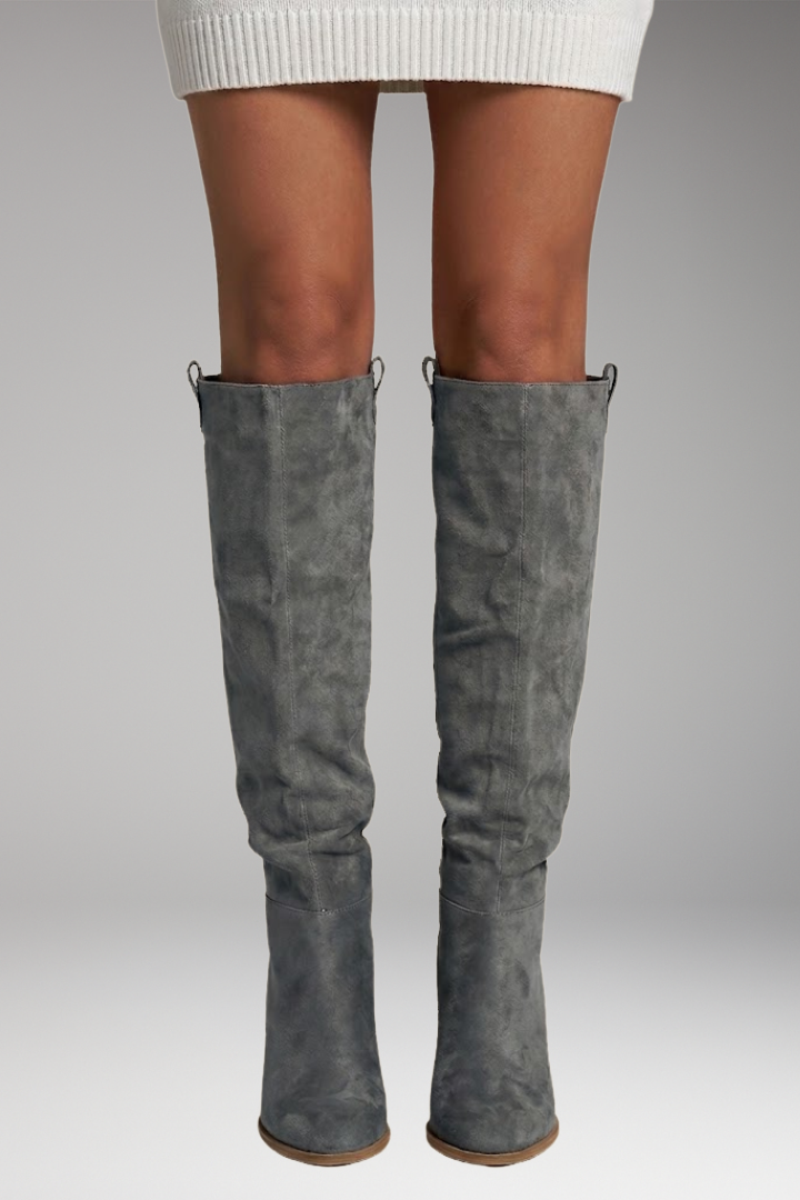 Stylish Knee High Boots for Women with Round Toe Suede Shaft Flat Tall Riding Style