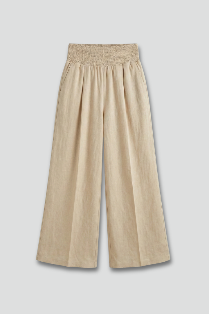 Effortless Linen Wide Leg Pants for Women with High Waist Smocked Pleated Relaxed Flowing Style
