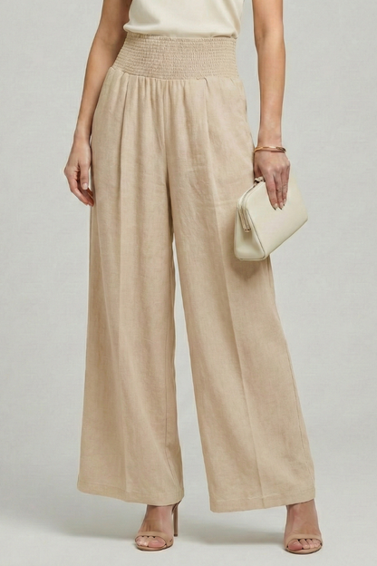 Effortless Linen Wide Leg Pants for Women with High Waist Smocked Pleated Relaxed Flowing Style