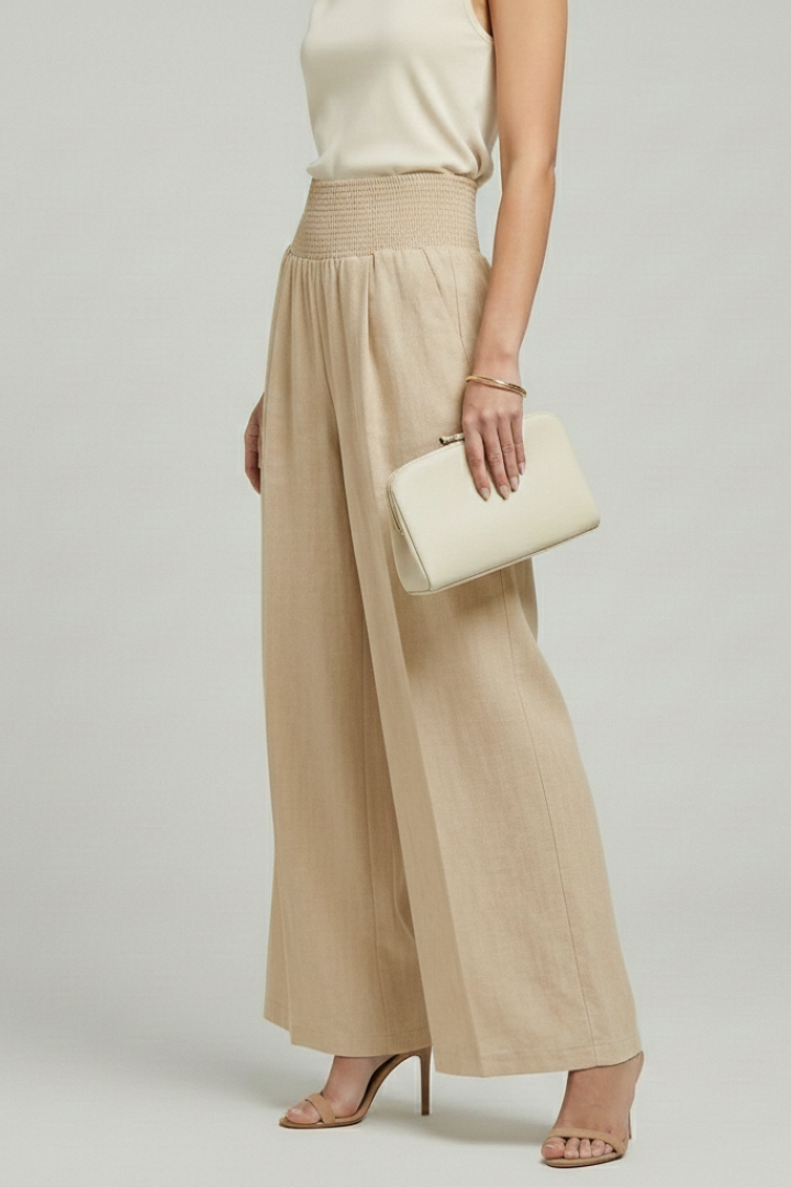 Effortless Linen Wide Leg Pants for Women with High Waist Smocked Pleated Relaxed Flowing Style