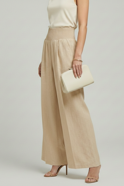 Effortless Linen Wide Leg Pants for Women with High Waist Smocked Pleated Relaxed Flowing Style