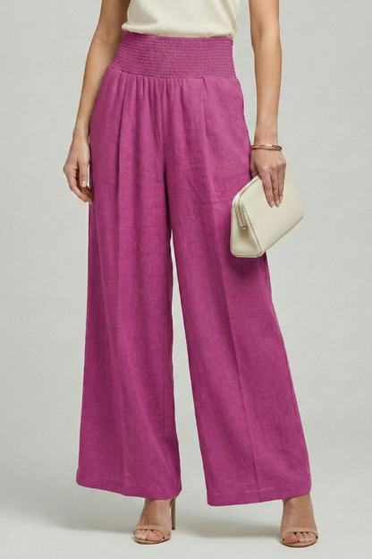 Effortless Linen Wide Leg Pants for Women with High Waist Smocked Pleated Relaxed Flowing Style