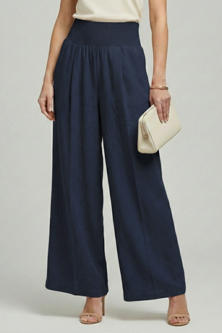 Effortless Linen Wide Leg Pants for Women with High Waist Smocked Pleated Relaxed Flowing Style